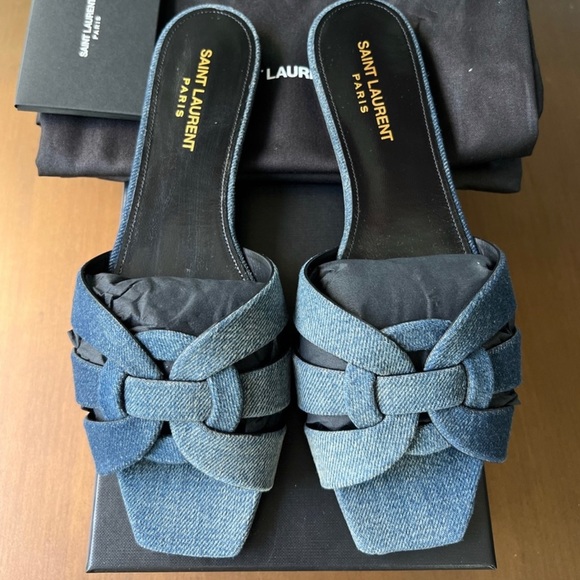 ❌❌SOLD! NIB Saint Laurent Tribute Nu Pieds Denim Slides - Picture 4 of 7